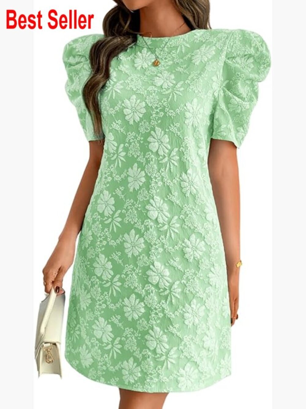 Floral Jacquard Shift Dress with Puff Sleeves for Summer Casual